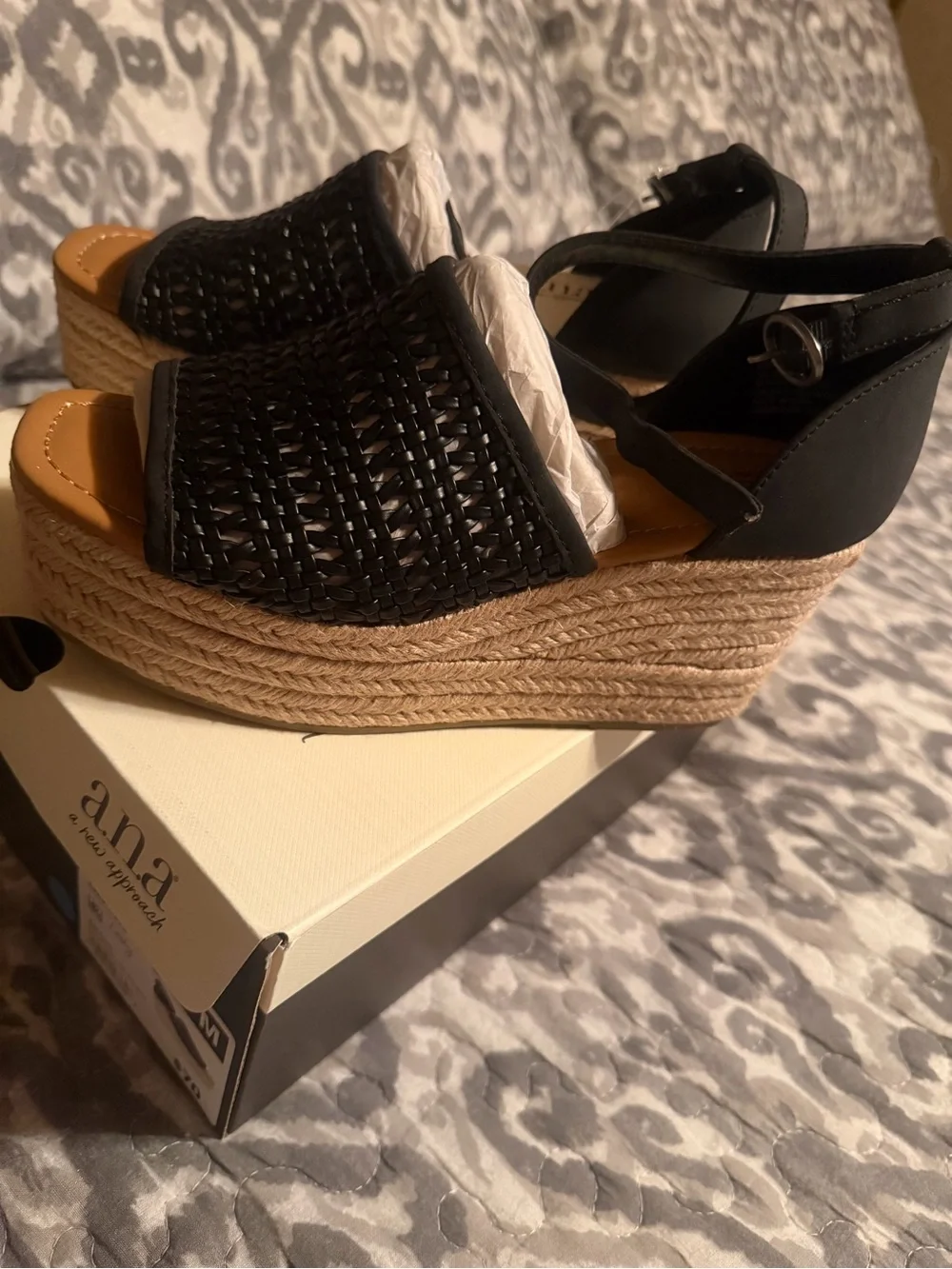 NWT A.N.A Black Woven Espadrille Ankle-Strap Wedge Sandals